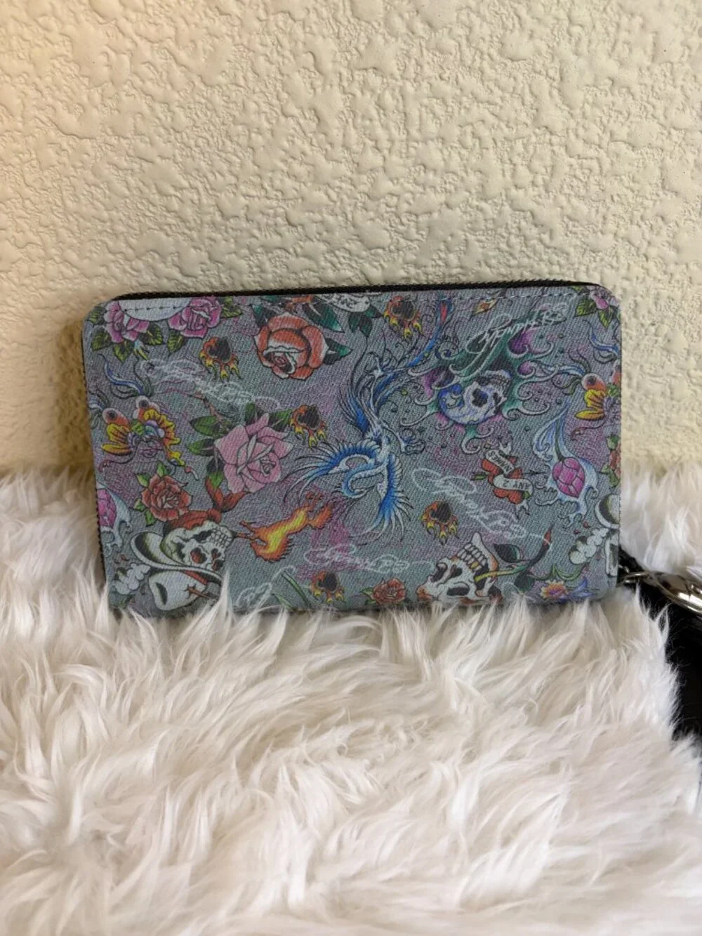 Ed Hardy Skull Rose Tattoo Double Zip Wristlet Wallet Goth Y2K Rockabilly